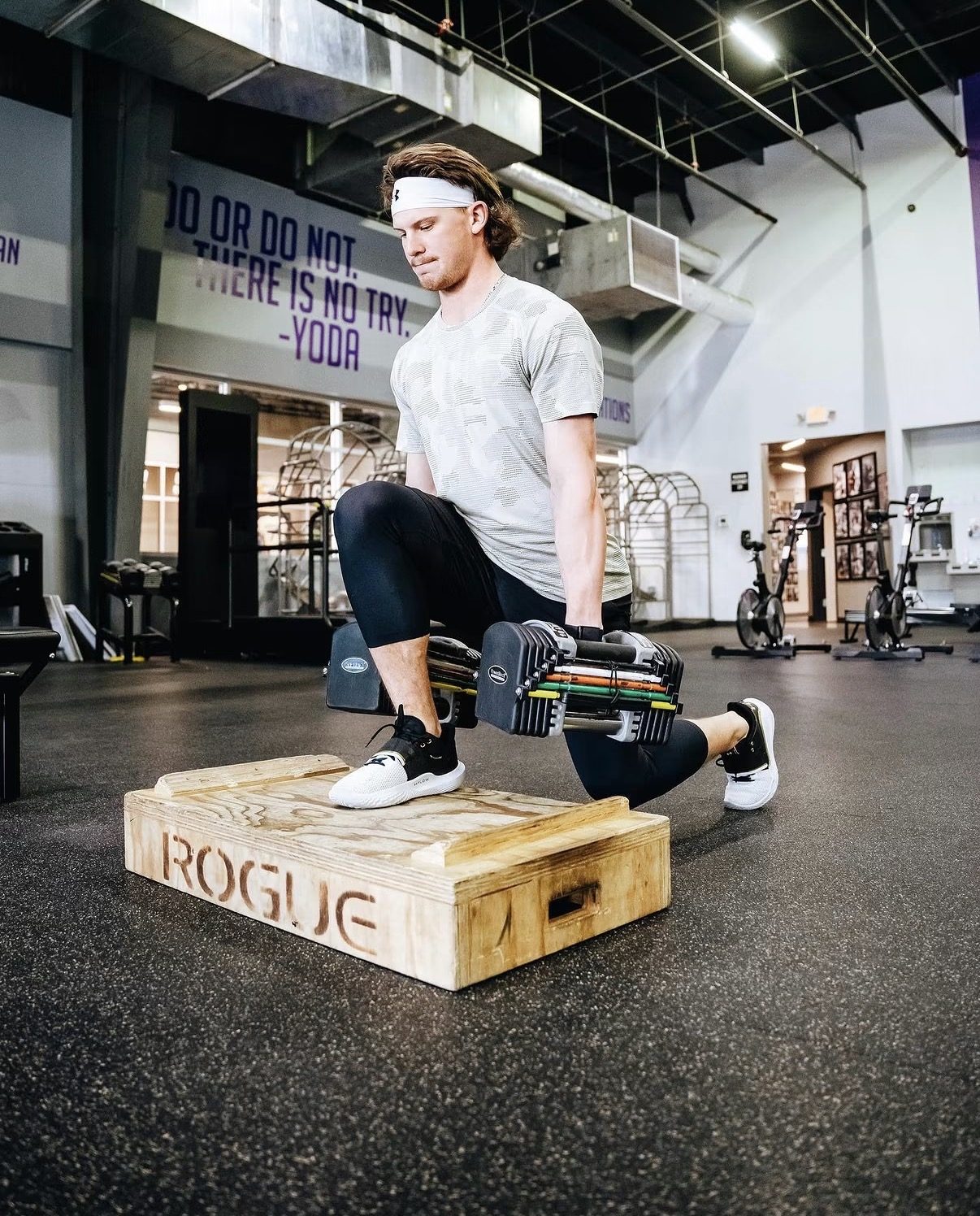 Athlete in a rear-foot-elevated split squat holding dumbbells